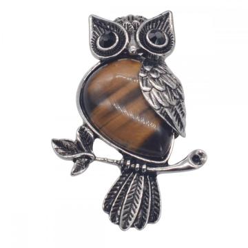 Natural Tiger Eye Alloy Owl Gemstone Pendant fow Women Jewelry Necklace