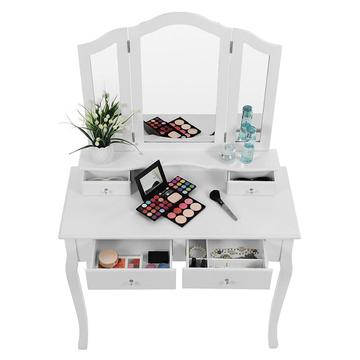 Wholesale Wood dressing table furniture with 3 folded mirrors 4 drawers and Cushioned Stool