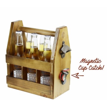 Wooden Beer Carrier with Bottle Opener and Magnetic Cap Catch