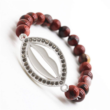 Red Jasper 8MM Round Beads Stretch Gemstone Bracelet with Diamante Lip Piece