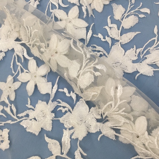Off White 3D Flower Embroidery Tulle Lace
