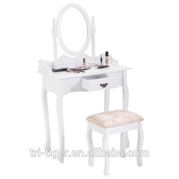 Vanity Wood Makeup Dressing Table Stool Set Jewelry Desk W/ Drawer &Mirror bathroom White