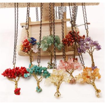 Natural Chip Semi Precious Stone Beads Life of Tree Pendant Necklace