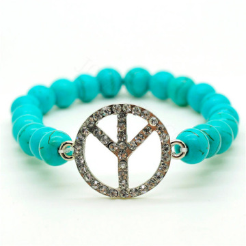 Turquoise 8MM Round Beads Stretch Gemstone Bracelet with Diamante Peace logo Piece