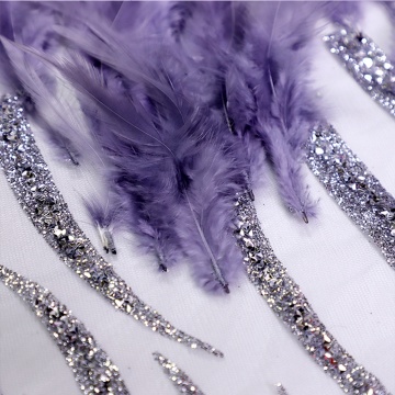 Purple Glitter Feather Lace Tulle Mesh Fabric