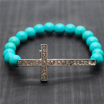 Turquoise 8MM Round Beads Stretch Gemstone Bracelet with Diamante Cross Piece