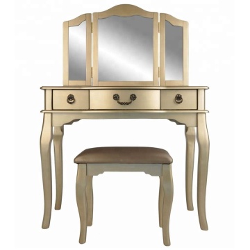 Tri-Fold Mirror Champagne color Vanity Table with Stool Set
