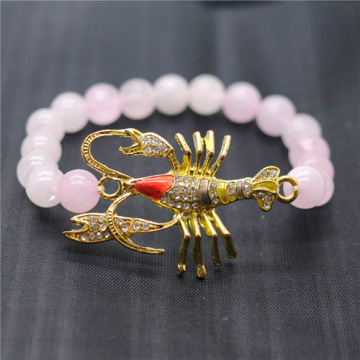 Rose Quartz 8MM Round Beads Stretch Gemstone Bracelet with Diamante alloy scorpion Piece
