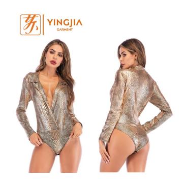 Women Sexy V-neck One-Piece Leopard Long Sleeve Bodysuit