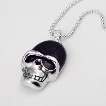 Blue Goldstone Skull Gemstone Pendant Necklace with Silver chain