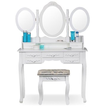 Shabby Chic White Dressing Table with 3 Oval Mirror and Stool Bedroom Sets 7 Storage Drawers Make Up Desk