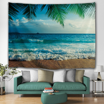 Sea Wave Blue Tapestry Palm Leaf Wall Hanging Beach Tropical Style Tapestry for Bedroom Home Dorm Decor
