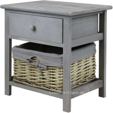 Wood Grey Night stand Bedside Table Cabinet with Wicker Storage Basket