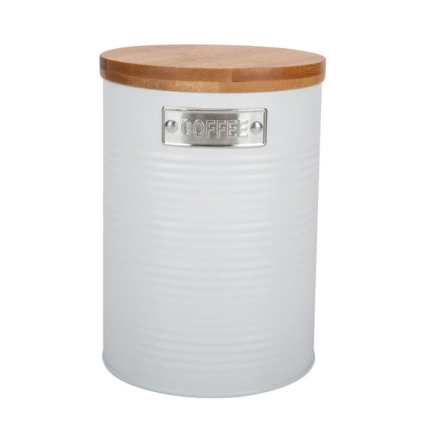 White kitchen metal canister bamboo lid