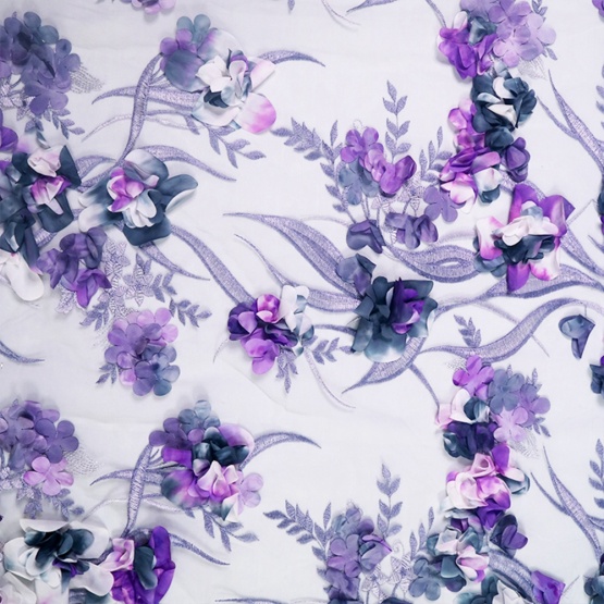 Purple Flower 3D Embroidery Lace Mesh Fabric