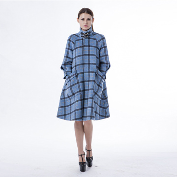 Blue checked cashmere coat with stand collar
