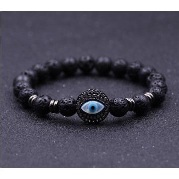 Silver Evil Eye Lava stone 8MM Round Beads Bracelet