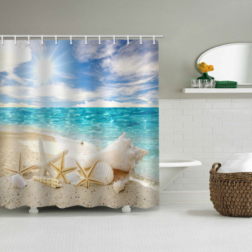Starfish Conch Waterproof Shower Curtain Blue Sea Beach Bathroom Decor