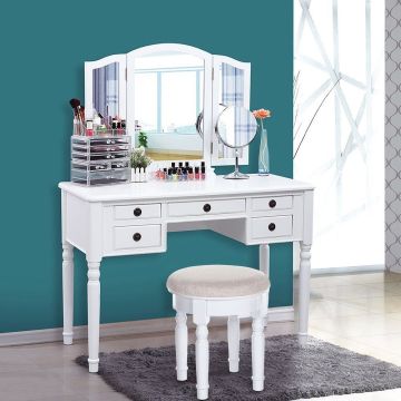 Makeup Dressing Vanity Table Mirror Desk Drawer Storage Bedroom Stool Dresser