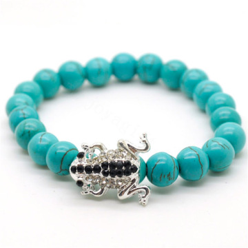 Turquoise 8MM Round Beads Stretch Gemstone Bracelet with Diamante alloy Frog Piece