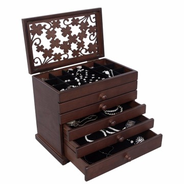 6 Layers Jewelry Storage Box Large Jewelry Organizer Wooden Case with 5 Drawers Dark