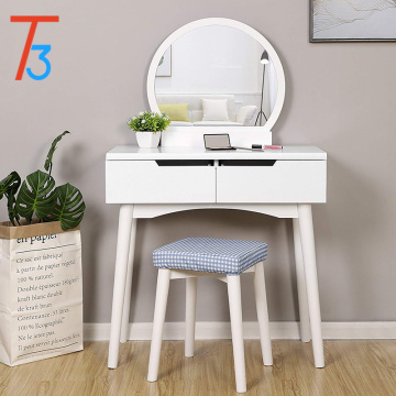 Vanity Table Set with Mirror 2 Large Sliding Drawers Makeup Dressing with Cushioned Stool White