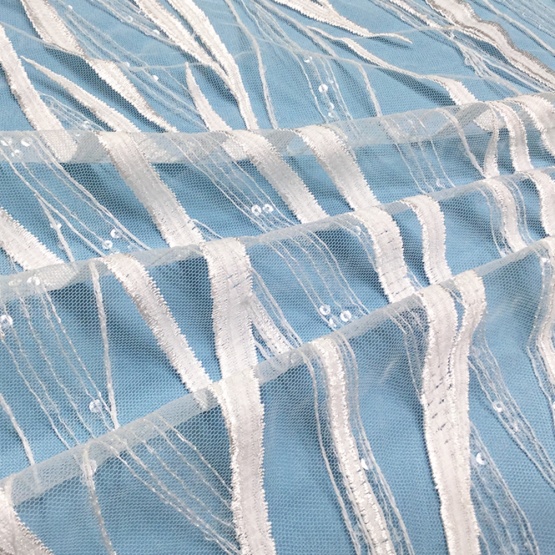 Off White Stripe Clear Seuqin Tulle Lace Fabric