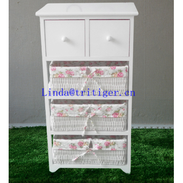 roast color solid wood storage cabinet with wickerwork basket