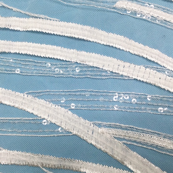 Off White Stripe Clear Seuqin Tulle Lace Fabric