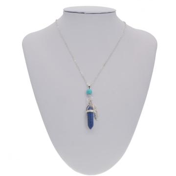 Lapis lazuli Feather Hexagonal Prism Pendant Choker Necklace