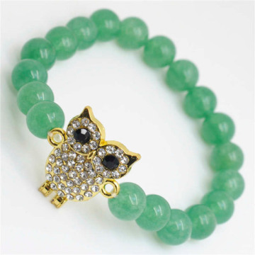 Green Aventurine Gemstone Bracelet with Diamante alloy Owl Piece