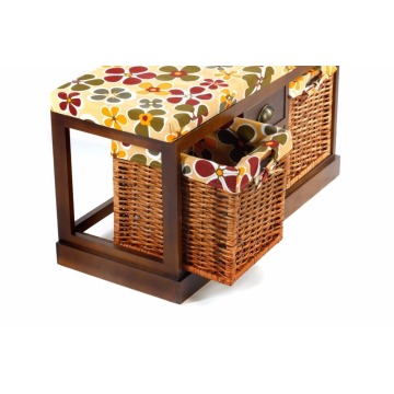 Wicker Basket Drawers Solid Wood Linen Fabric Covered Hall Storage Bench Seat