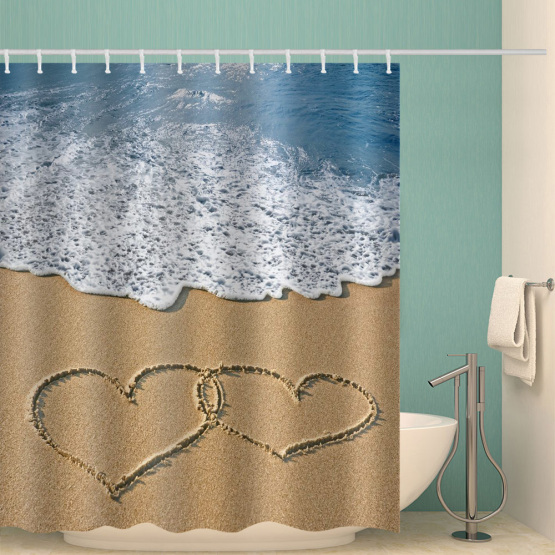 Sea Beach with Two Love Hearts Waterproof Shower Curtain Ocean Romantic Bathroom Decor
