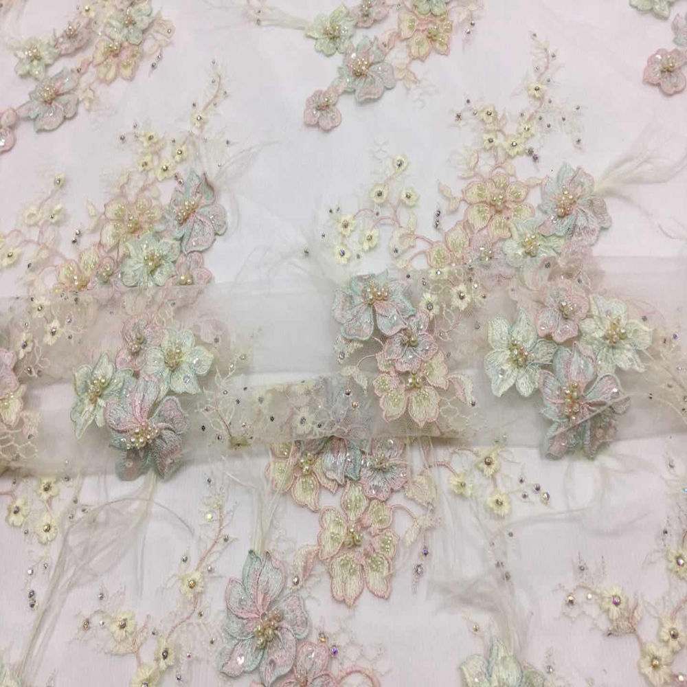 Beige handwork Beaded Embroidery Flower Fabric