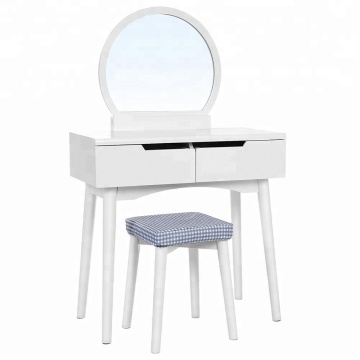 Vanity Table Set Round Mirror 2 Large Sliding Drawers Makeup Dressing Table with Cushioned Stool White