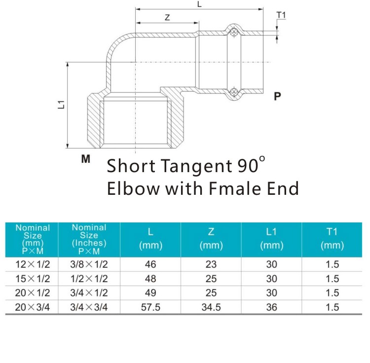 short tangent 90 elbow with female end