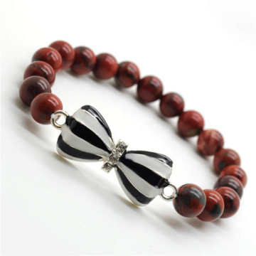 Red Jasper 8MM Round Beads Stretch Gemstone Bracelet with Diamante bow tie Alloy Piece
