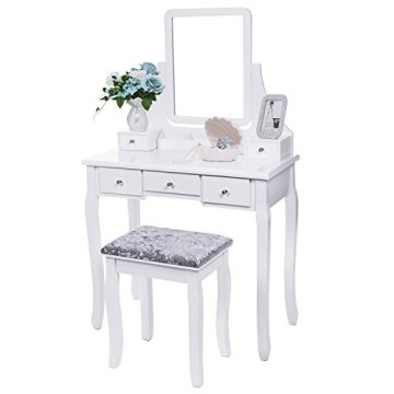 Vanity Set with Mirror & Cushioned Stool Dressing Table Vanity Makeup Table 5 Drawers 2 Dividers Movable Organizers White
