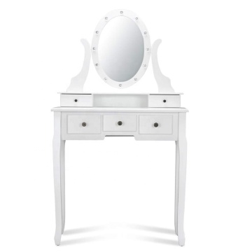 White 5 Drawers 12 LED Lights Bedroom wooden vanity dressing table with Benches