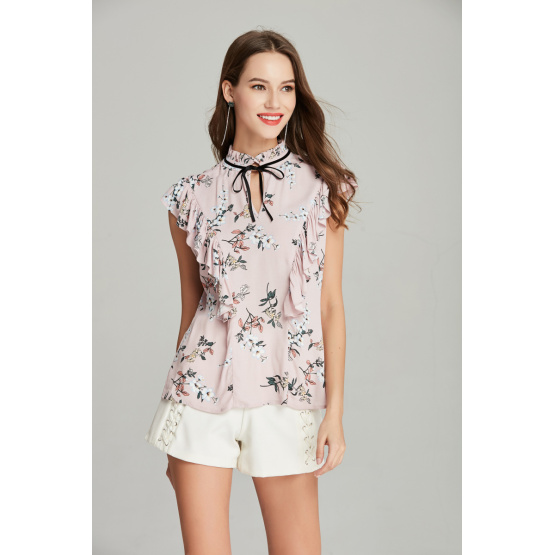 new fashion ladies front frill printed viscose blouse