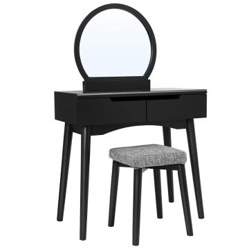 Vanity Table Set with Round Mirror 2 Large Sliding Drawers Makeup Dressing Table with Cushioned Stool, Black