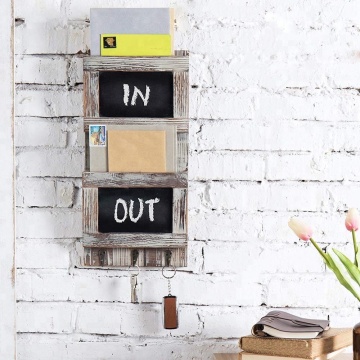 2-Slot Rustic Wood Wall-Mounted Mail Sorter Organizer with Chalkboard Surface & 3 Key Hook Rack