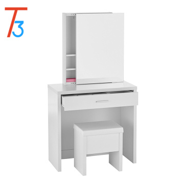 Home Furnishings Contemporary 3 Piece Vanity Table Set with Sliding Mirror and Stool Storage - White