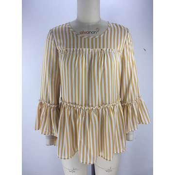 fashion striped frill sleeve round neck ladies blouse