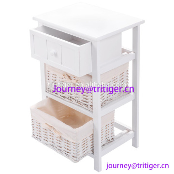 White Wood Night Stand Storage Drawer, 2 Baskets and Open Shelf for Bedroom, Bedside End Tableedroom Wood 2 Basket