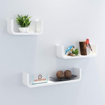 MDF Floating Wall Shelf - Set of 3 U Shape Round Corner MDF Wall Racks - White