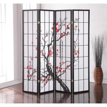 Furniture Black Japanese 4-Panel Screen Room Divider, Plum Blossom
