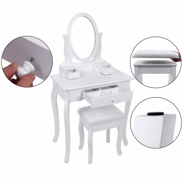 Wall-fixed Dressing Table with Stool and Mirror, 3 Drawers Vanity with 2 divider