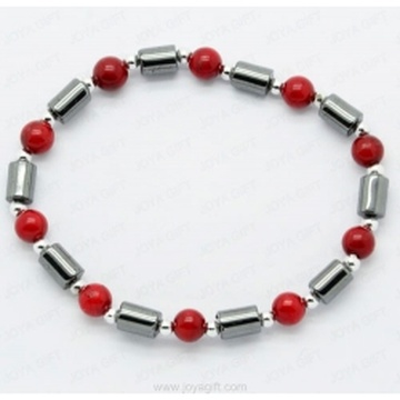 Hematite Bracelet with Red Coral round beads