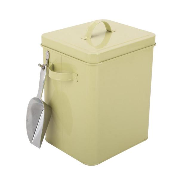 Color-coated bird feed storage container with scoop